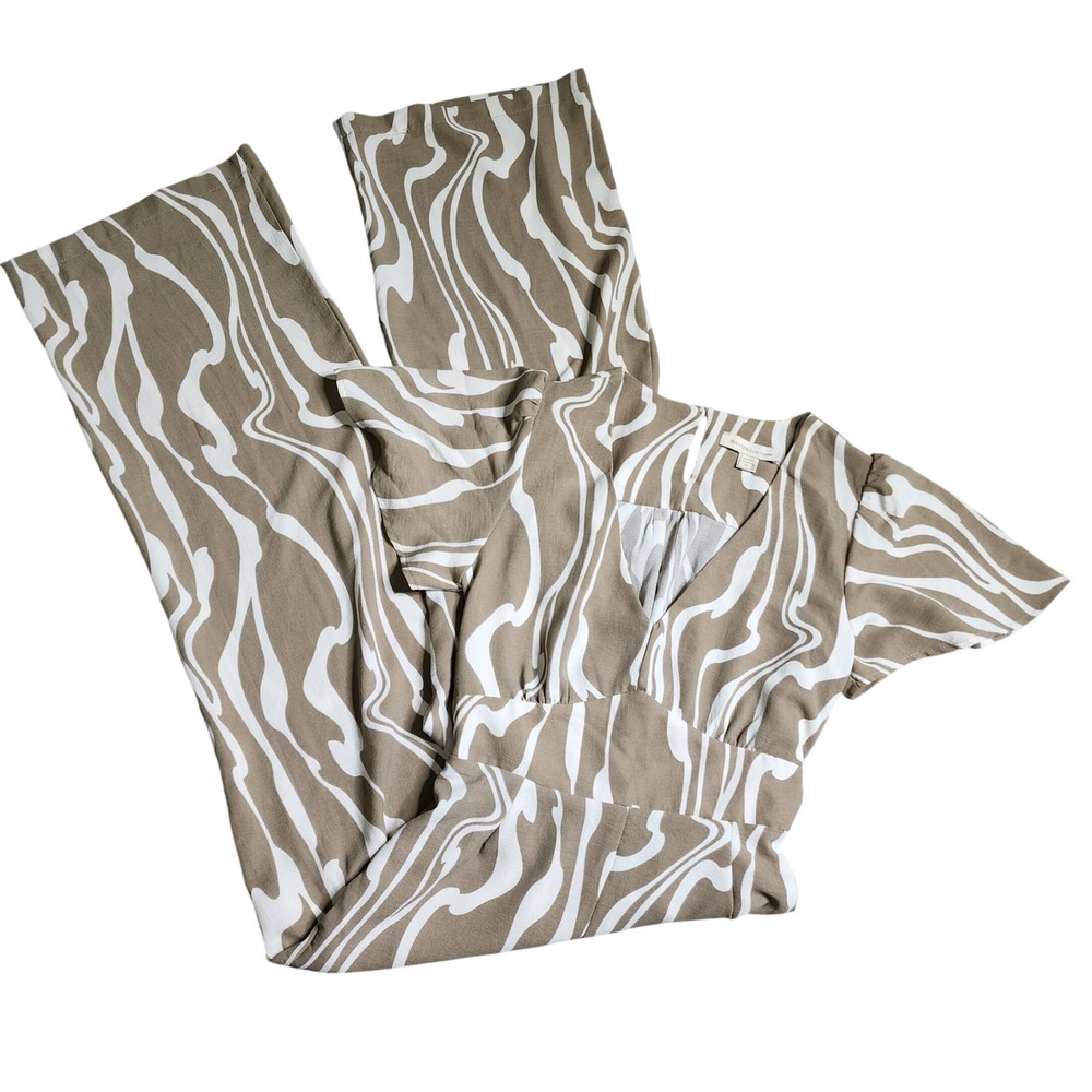 Monteau Los Angeles Wide Leg Jumpsuit Tan White Abstract Swirl Flutter SleeveM